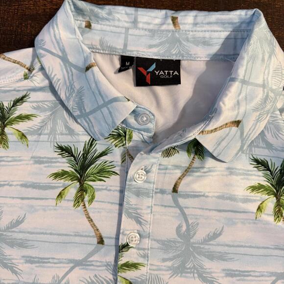 YATTA GOLF Palm Tree Performance Polo Shirt Men's Medium Light Blue Tropical - Picture 4 of 10